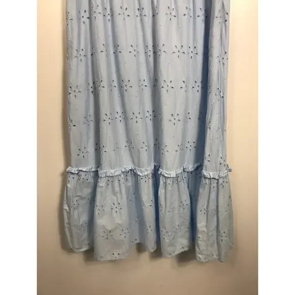 J. Crew Midi Dress Women's 8 Blue V Neck Puff Sleeve Eyelet Tiered Feminine - Picture 8 of 15